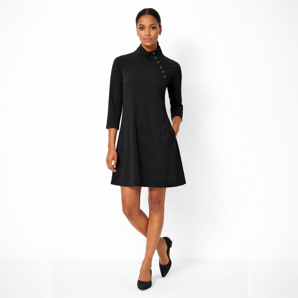 J.McLaughlin Black Mock Neck Button Detail Dress XS Minimalist Quiet Luxury Work